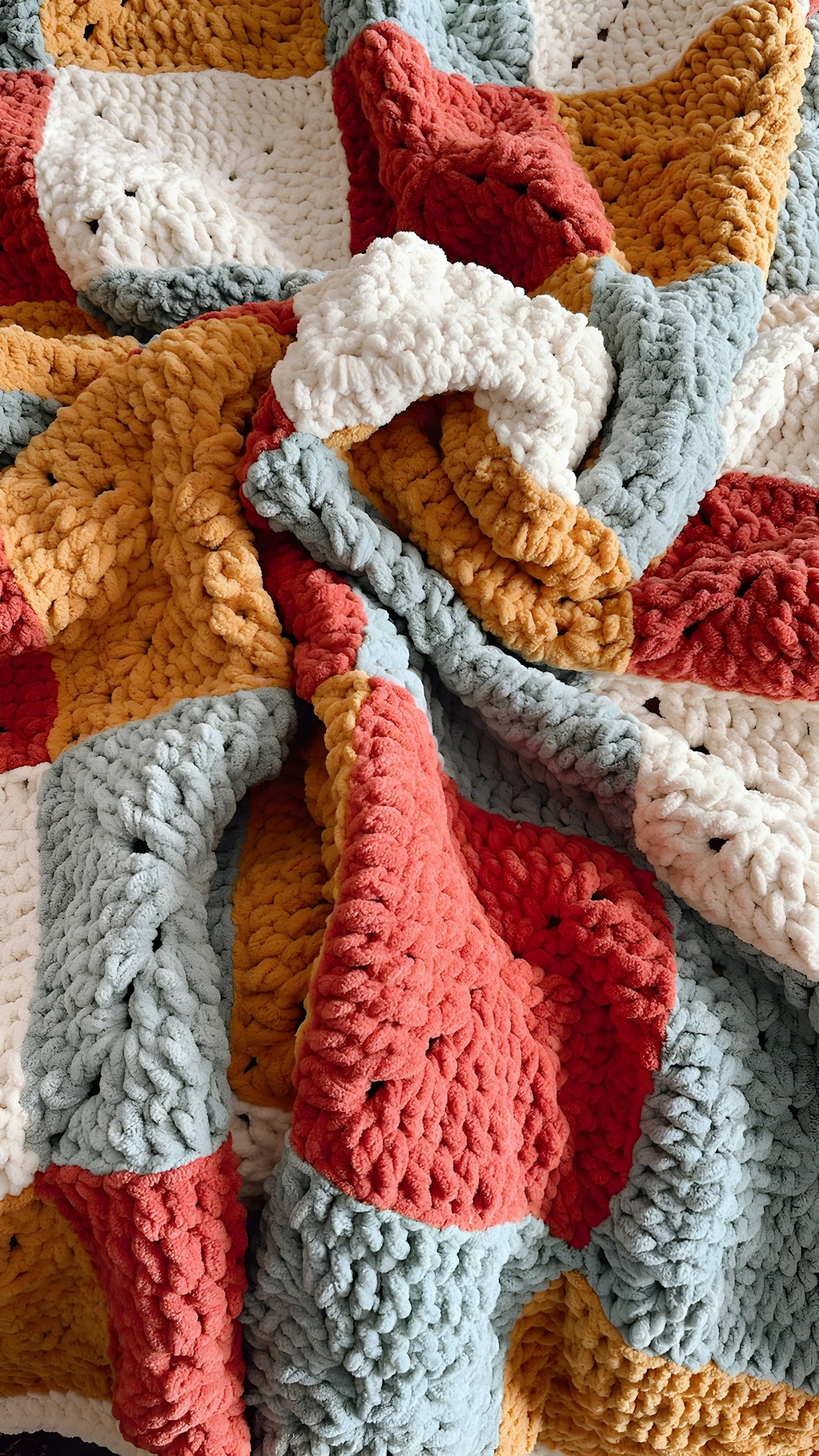 Folds of a chunky crochet blanket in blue, mustard and coral