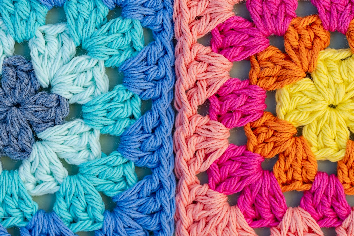 Joined granny squares in teal and hot pink