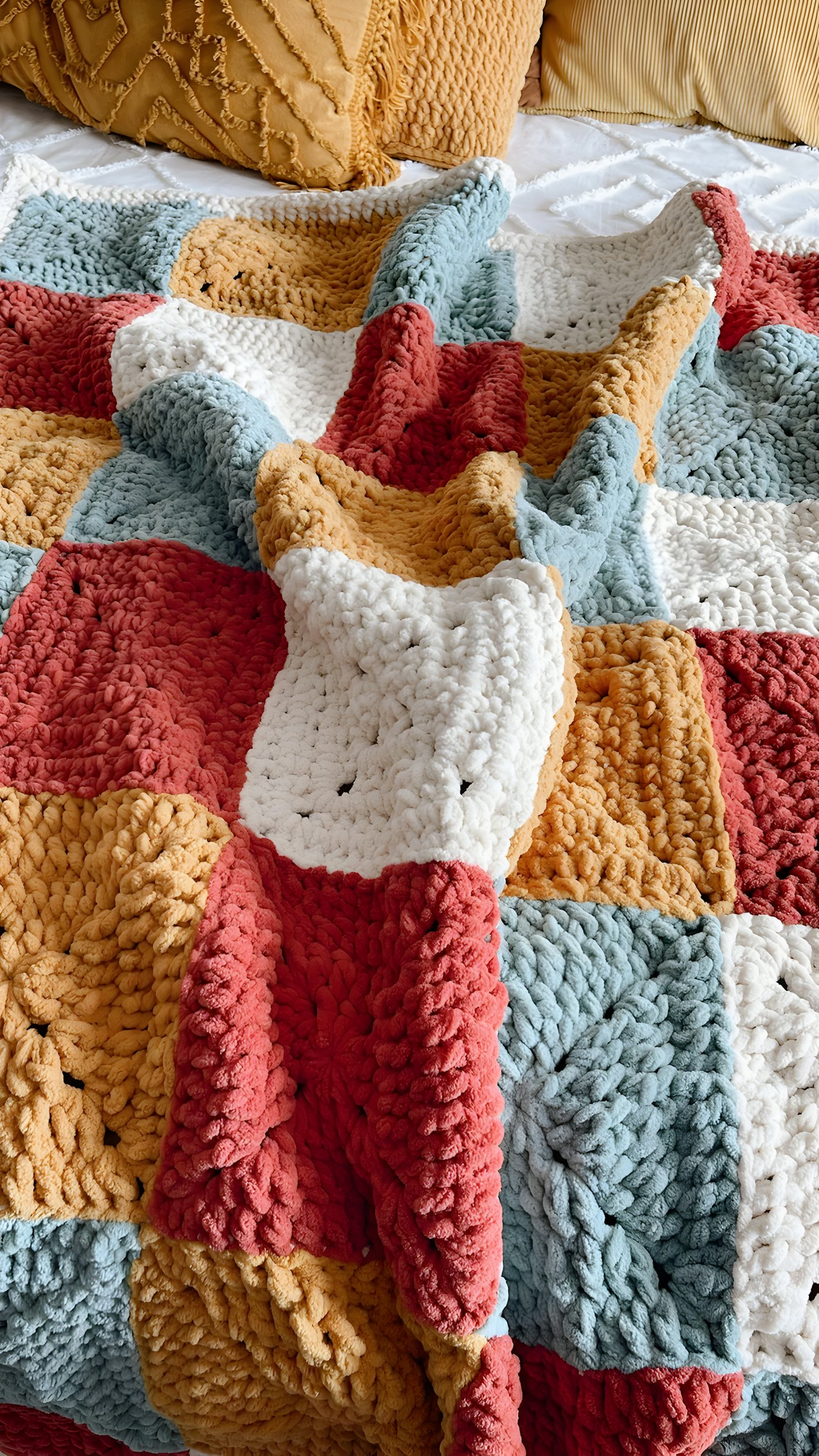 A chunky patchwork crochet blanket in coral, cream, blue and mustard